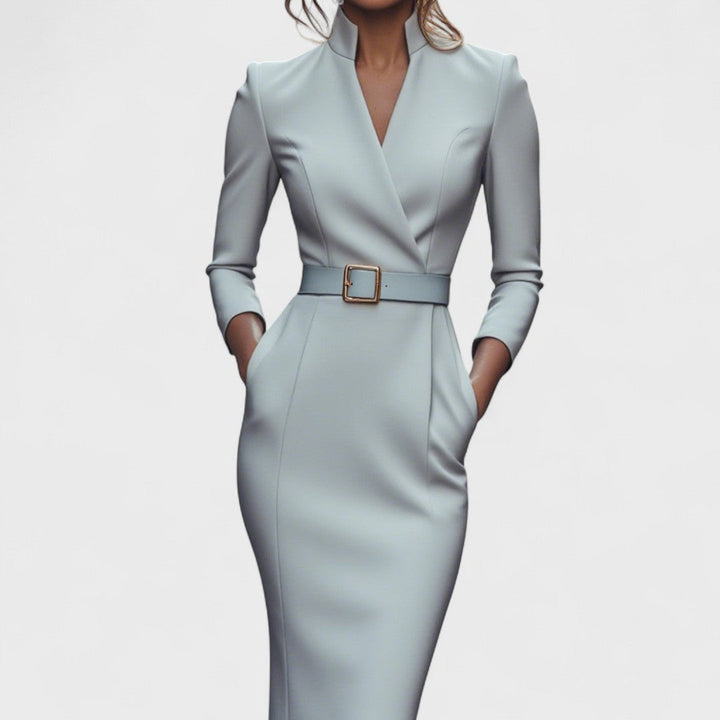 Mandarin | Elegant Belted Dress with Mandarin Collar