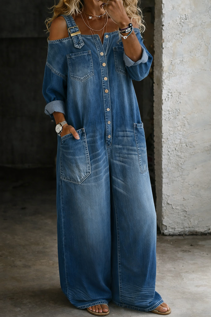 Sophia™ | Off-Shoulder Wide-Leg Denim Jumpsuit