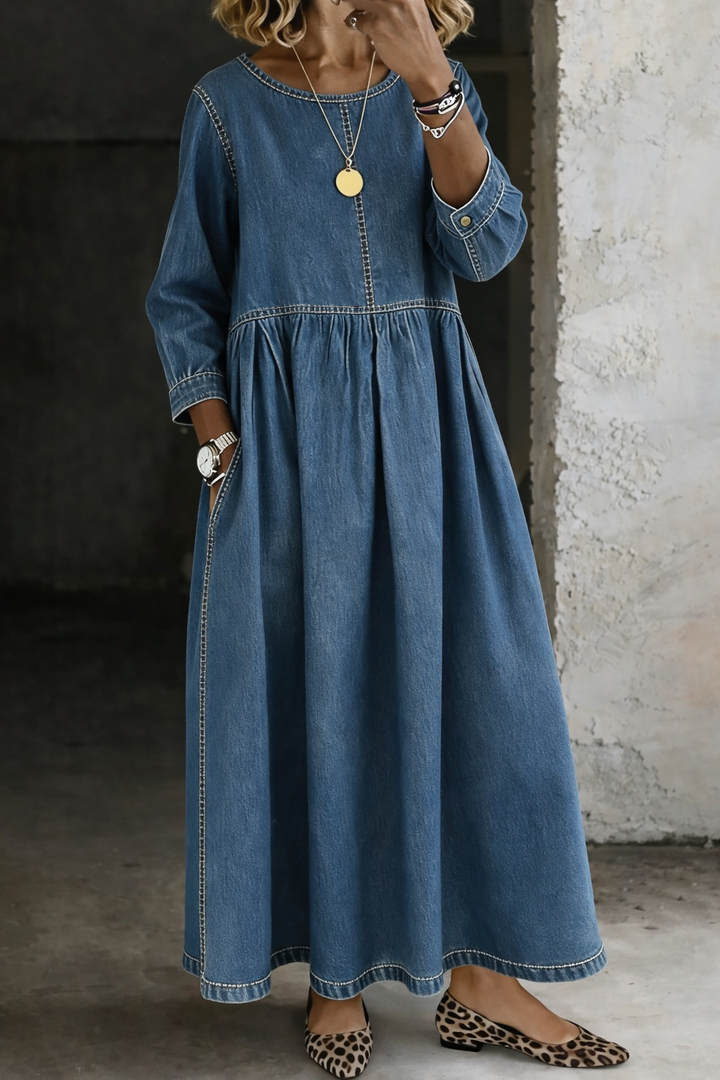 Melissa™ | Long-Sleeve Round Neck Denim Dress