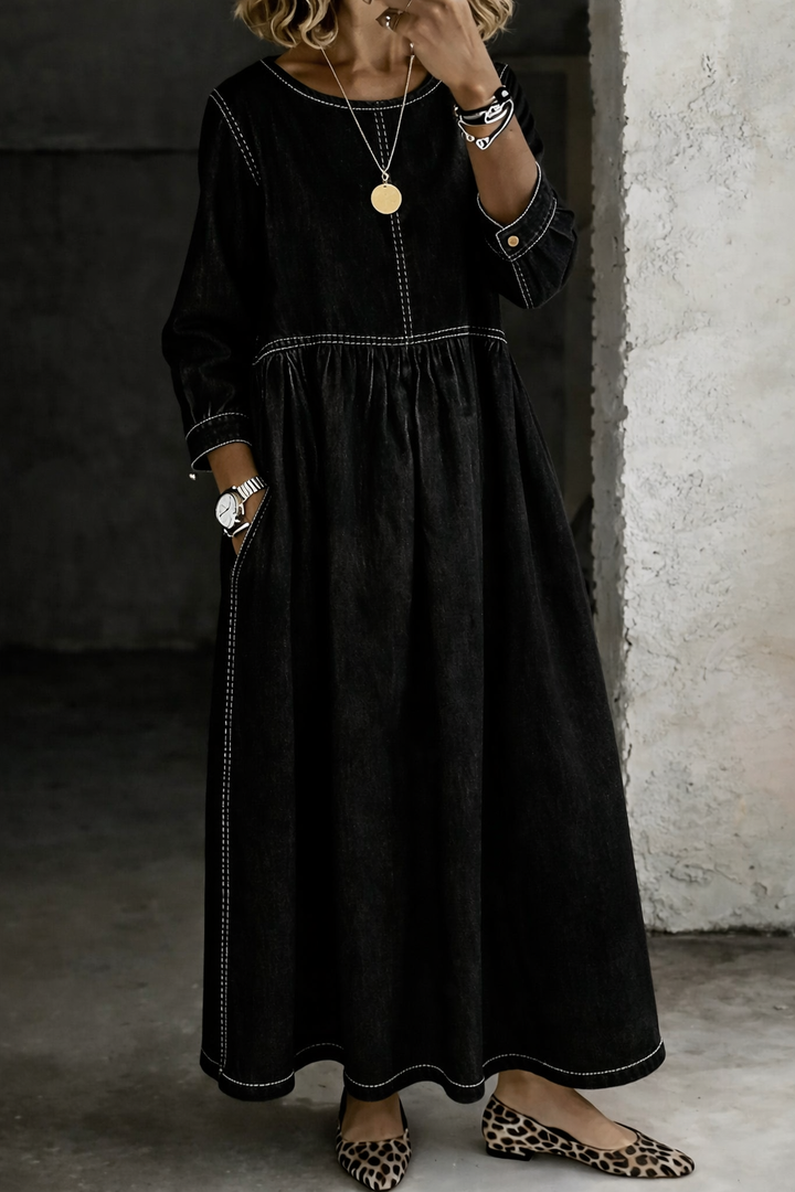 Melissa™ | Long-Sleeve Round Neck Denim Dress