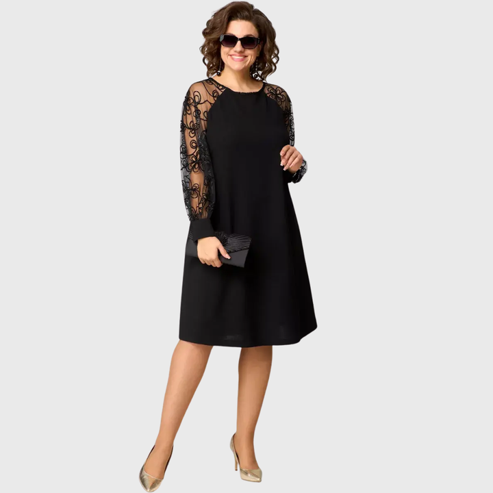 Lauren™ Elegant Black Lace Sleeve Midi Dress