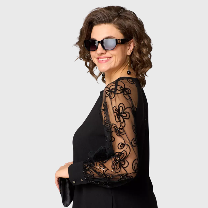 Lauren™ Elegant Black Lace Sleeve Midi Dress