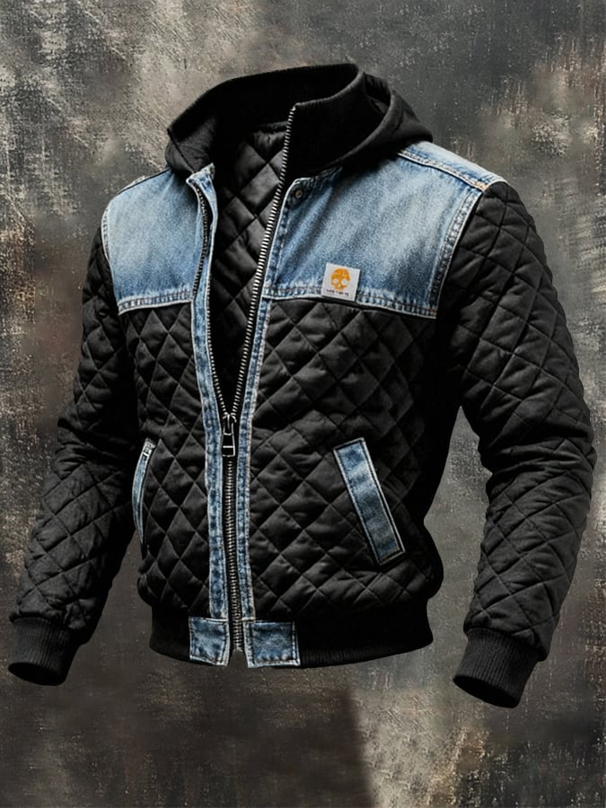 Eryk | Black Quilted Jacket with Denim Details