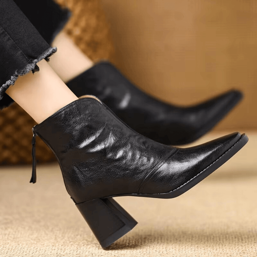 Claudia Luxe Mid-Heel Leather Ankle Boots