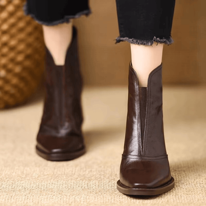 Claudia Luxe Mid-Heel Leather Ankle Boots
